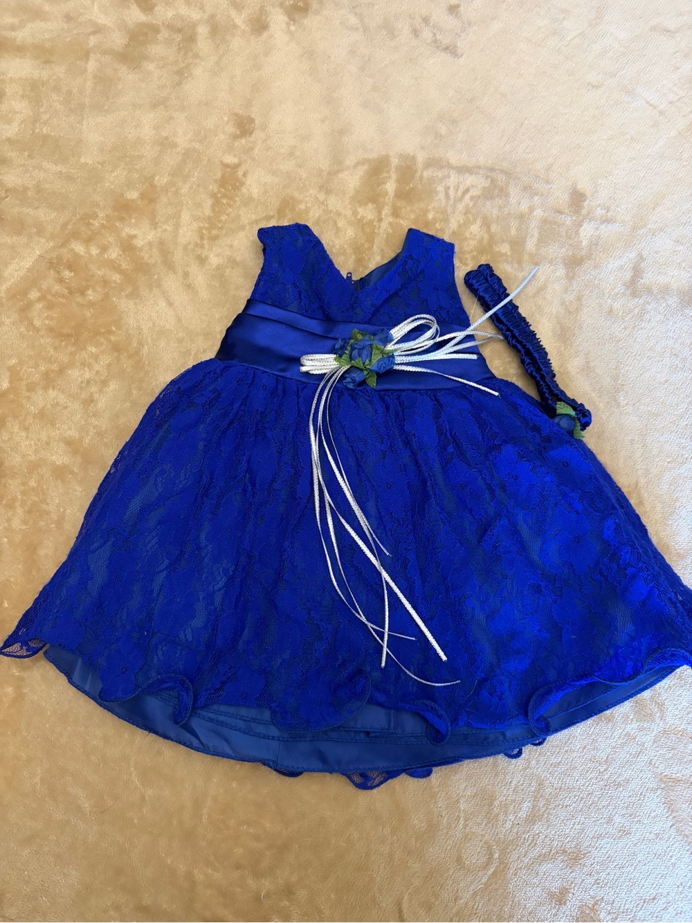 Toddler Girls Royal Blue Lace Occasion Dress with Sash and Headband
